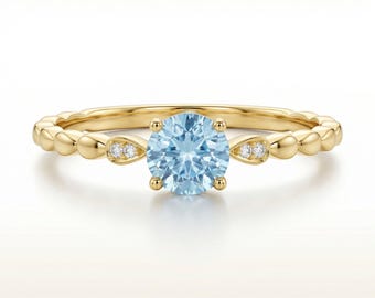 Antique Aquamarine Engagement Ring, March Birthstone Solitaire Ring, Dainty Diamond Accent Bridal Promise Ring for Her