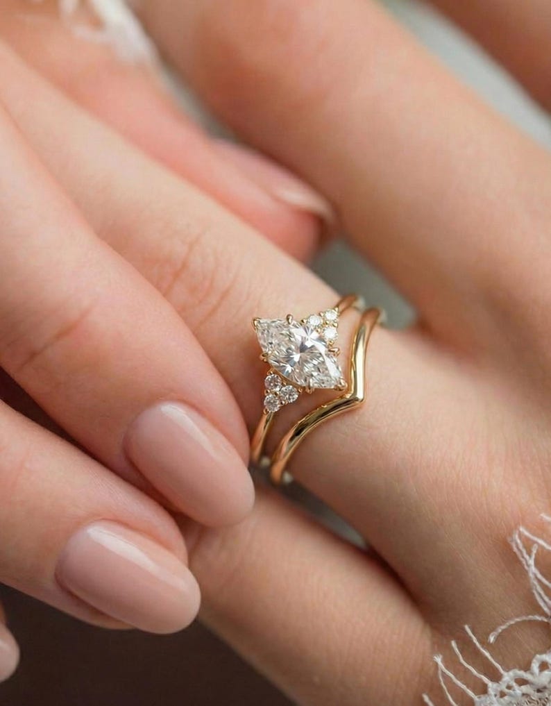 1ct Marquise Moissanite Engagement Ring Set, Marquise Diamond Wedding Ring Set, Promise Ring for Woman, 14K Solid Gold Anniversary Ring Set image 4