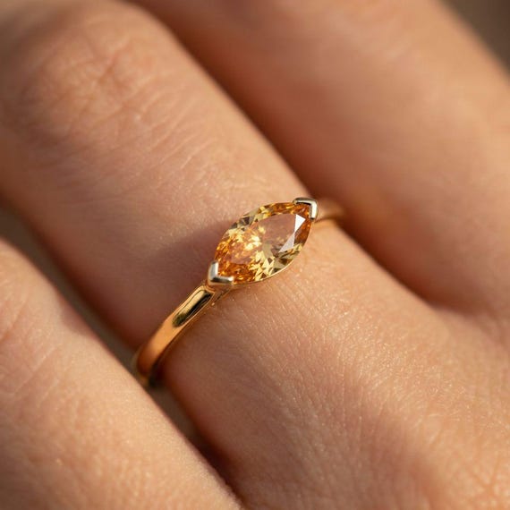 East West Marquise Citrine Travel Ring | Minimalist Solitaire Engagement Ring | Dainty Marquise Cut Promise Ring | November Birthstone Ring