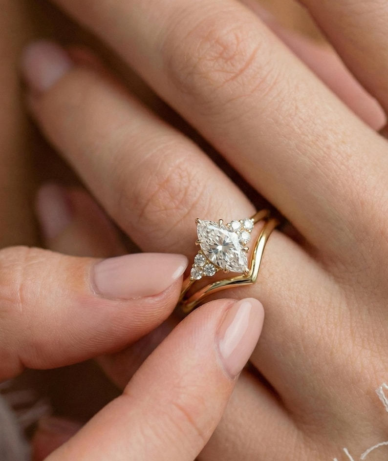 1ct Marquise Moissanite Engagement Ring Set, Marquise Diamond Wedding Ring Set, Promise Ring for Woman, 14K Solid Gold Anniversary Ring Set image 8
