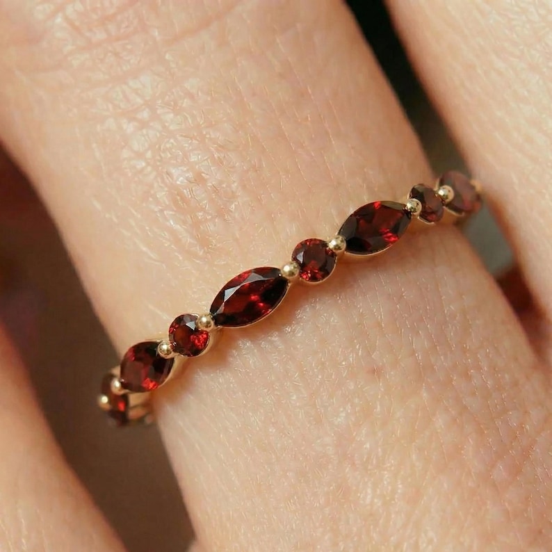 Dainty Garnet Eternity Ring | 14K Gold Stacking Band | January Birthstone Marquise & Round Red Gemstone Delicate Wedding Anniversary Gift image 4