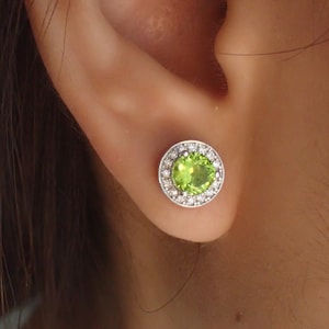 Peridot Halo Stud Earrings / Brilliant Round Diamond Earrings / Everyday Earring / August Birthstone Gift / Classic Earrings
