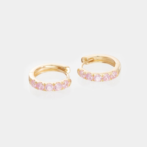 Five Stones Pink Sapphire Hoop Earring, September Birthstone Gifts, Huggie Hoops, Minimal Hoop Earring