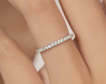 1.8mm Micro Pave Eternity Moissanite Ring, Delicate Moissanite Wedding Band, Half Eternity Stacking Ring, Anniversary Gift for Her