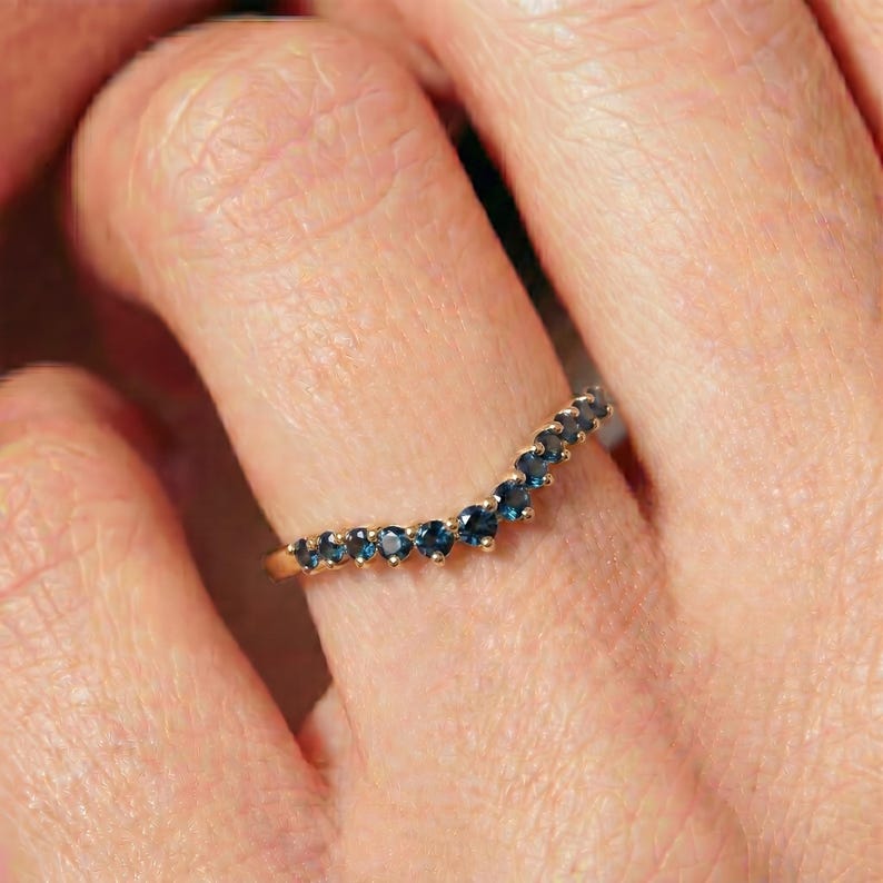 London Blue Topaz Curved Wedding Band | 14K Gold Stacking Ring | Dainty Gemstone Enhancer Anniversary Ring | Unique Wishbone Band image 3