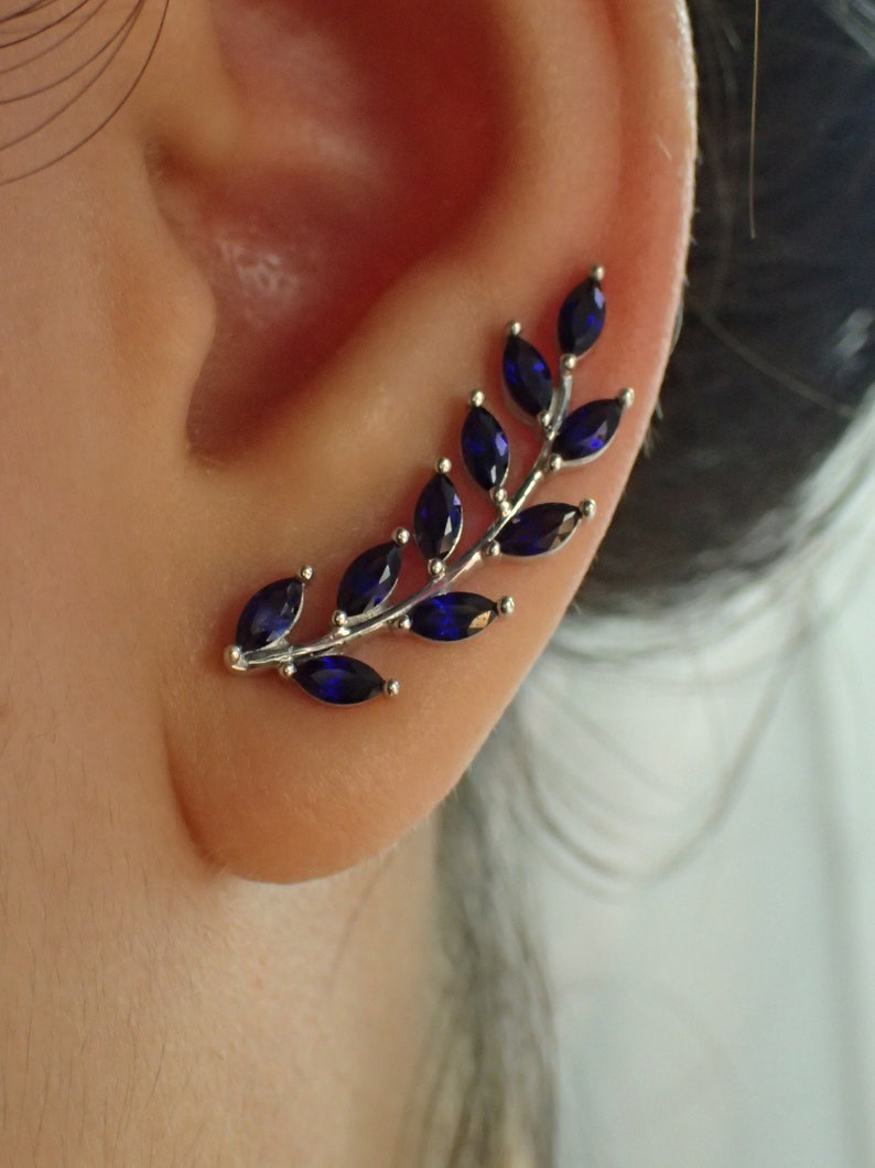 Blue Sapphire Earring Climber / Marquise Ear Crawlers Earrings / Ear Climber Earrings / Bridesmaid Gift image 2