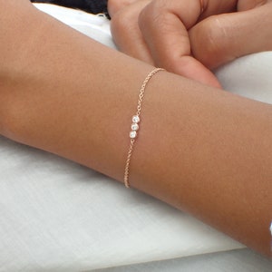 Trio Diamond Bracelet with Thin Chain, Bezel Setting in 14k Solid Gold, Delicate Diamond Bracelet, Valentines Day Gift