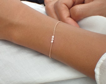 Trio Diamond Bracelet with Thin Chain, Bezel Setting in 14k Solid Gold, Delicate Diamond Bracelet, Valentines Day Gift