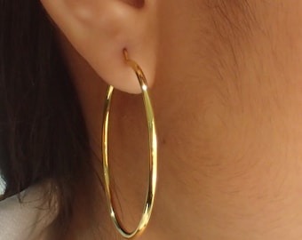 Hoop Earrings in 14K Solid Gold / 35mm Minimalist Lightweight Hoops / Bridesmaid Earring Gift / Delicate Hoop Earrings