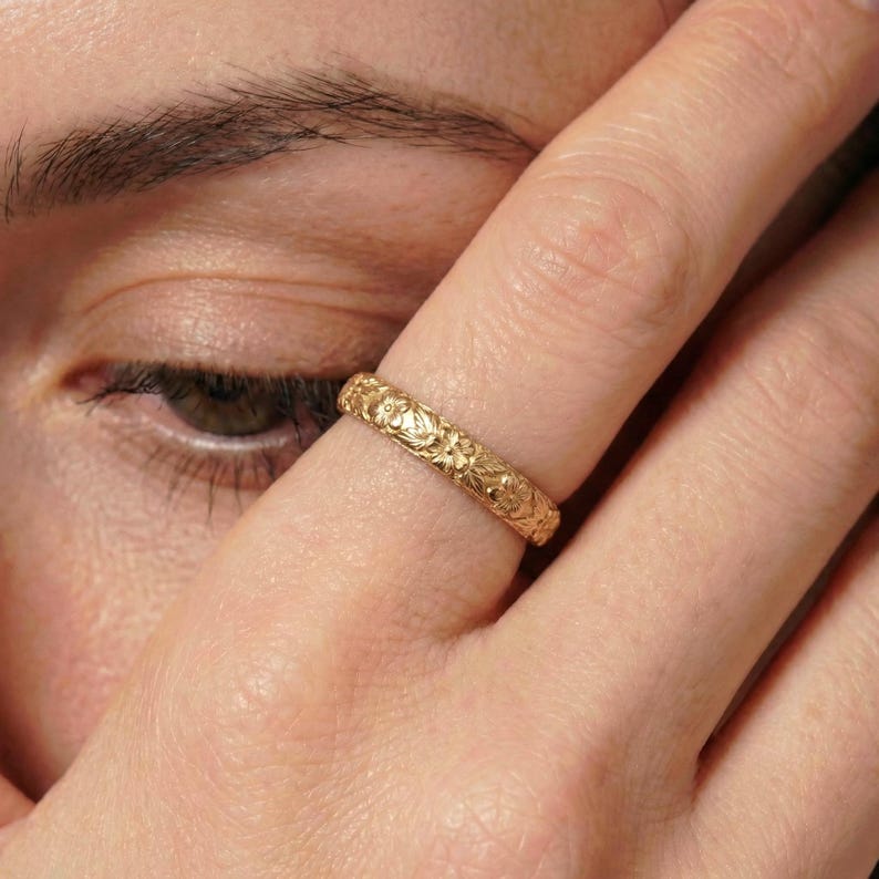 Anello nuziale floreale con primula viola, anello antico in oro semplice 10K/14K/18K con fiore unico, anello con fiore di nascita di febbraio immagine 3