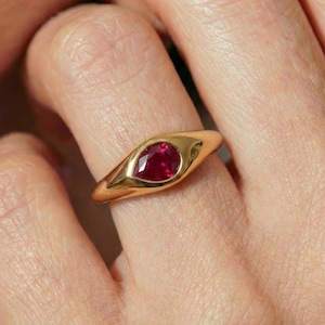 Modern Pear Cut Ruby Gold Ring | Bezel Set Red Gemstone Statement Ring | Chunky Gold Band | Unique Anniversary Gift for Her