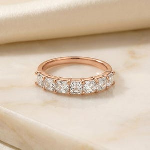 Anniversary Gift Princess Cut Moissanite Wedding Band, 1.05 CTW 7 Stone Ring, 3mm Square Stone Half Eternity Ring image 5