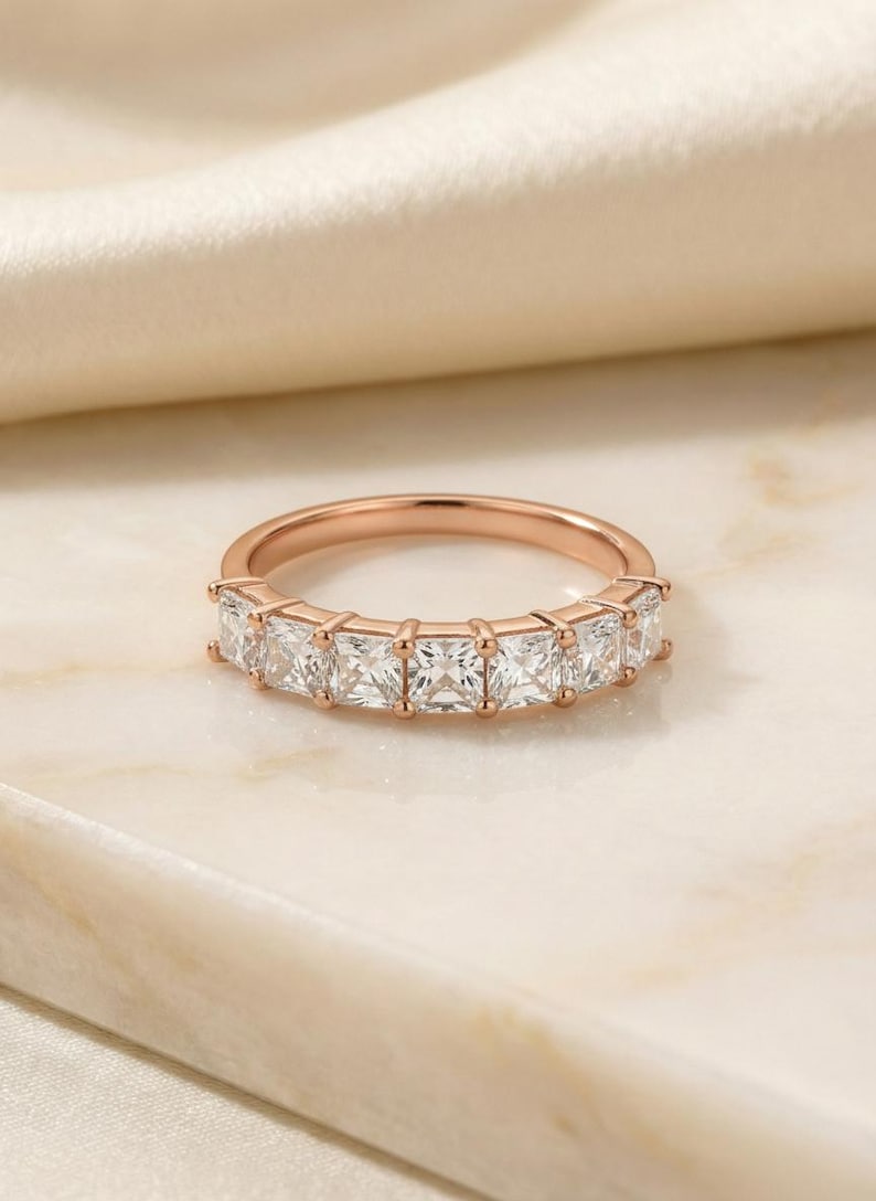 Anniversary Gift Princess Cut Moissanite Wedding Band, 1.05 CTW 7 Stone Ring, 3mm Square Stone Half Eternity Ring image 5