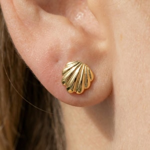 Tiny Clam Earrings, Seashell Stud Earrings, 14k Solid Gold 2 Shell Charm, Beach Girl Earring , Sea Themed Earring