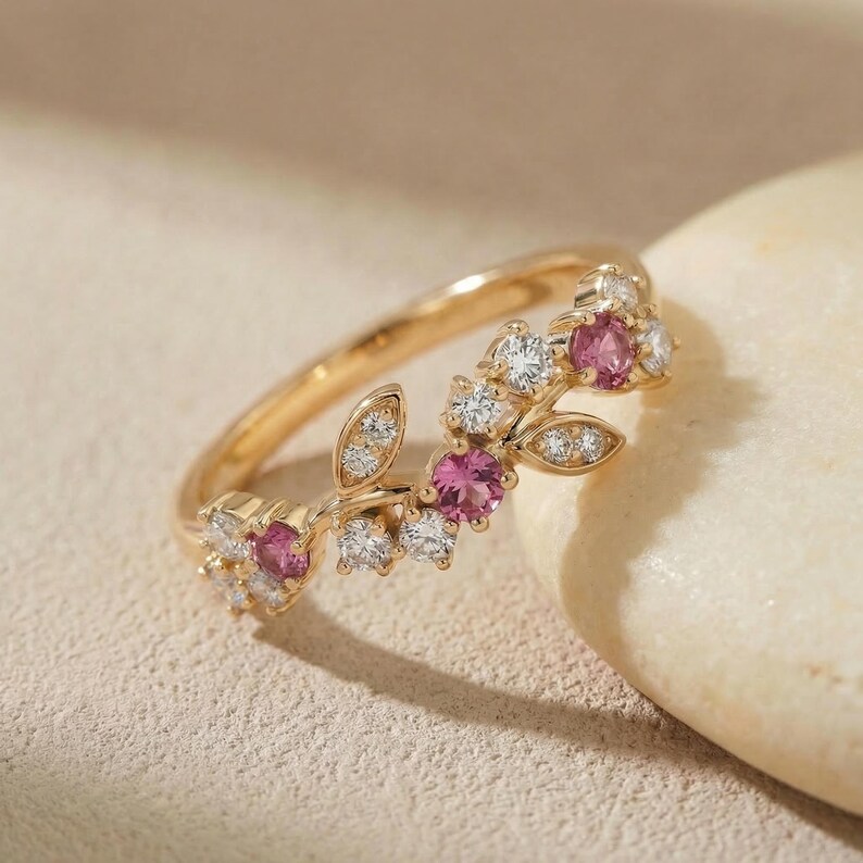 Round Pink Tourmaline Leaf Wedding Band, Nature Inspired Floral Cluster Ring for Her – October Birthstone Gift – 14K Gold Moissanite Jewelry image 9