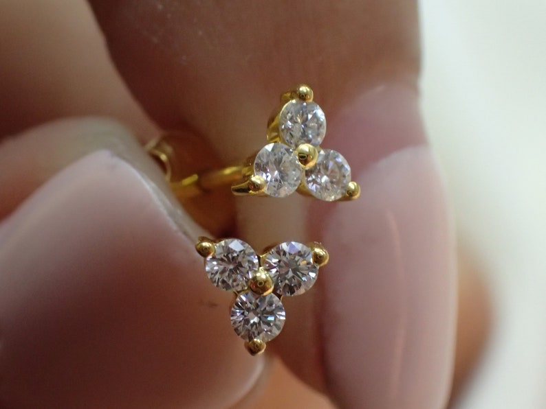 Trio Diamond Stud Earrings / 14k Solid Gold Three Stone Etsy