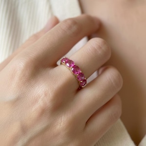 Pink Tourmaline Wedding Band 3.50ctw Round Cut 7 Stone Anniversary Ring Pink Gemstone Eternity Band October Birthstone image 11