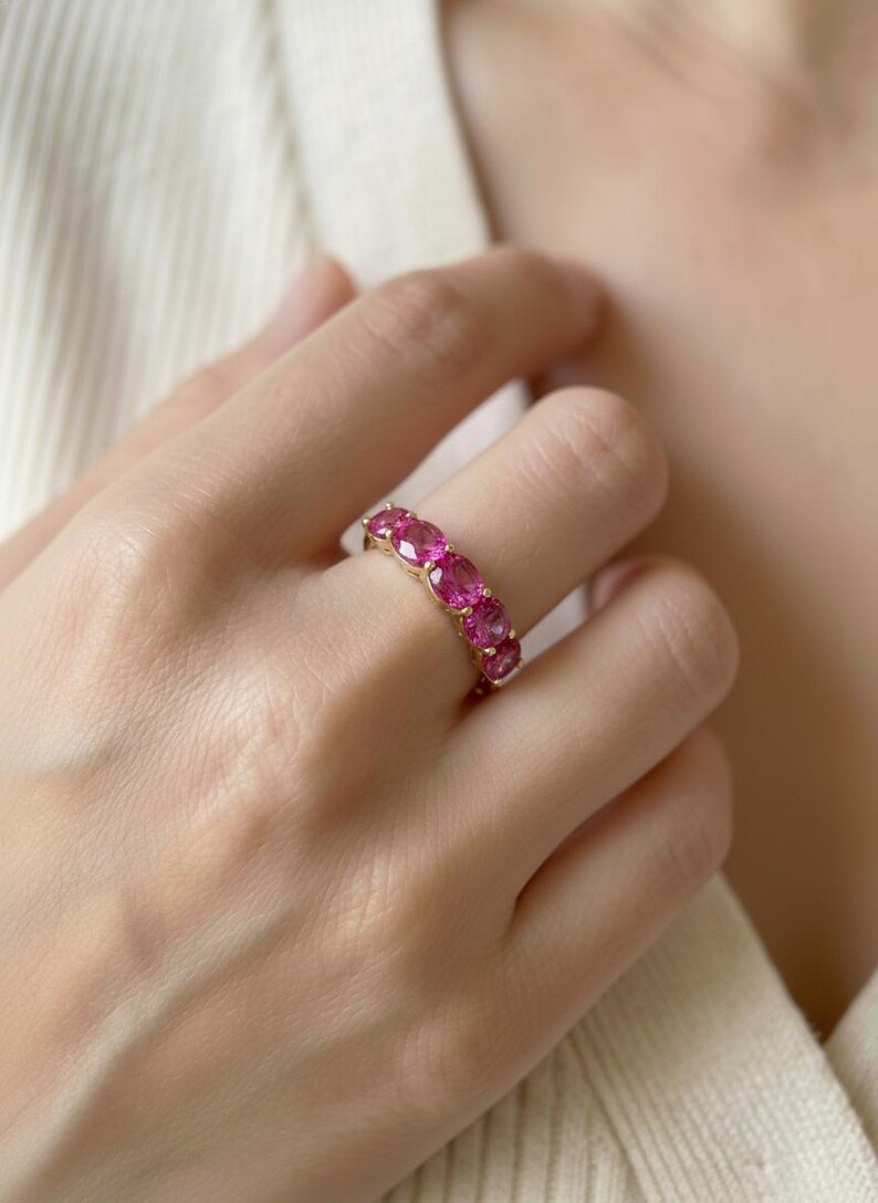 Pink Tourmaline Wedding Band 3.50ctw Round Cut 7 Stone Anniversary Ring Pink Gemstone Eternity Band October Birthstone image 11