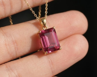 Emerald Cut Pink Gemstone Necklace | 14K Gold Dainty Pink Tourmaline Pendant | Elegant October Birthstone Jewelry Gift for Her