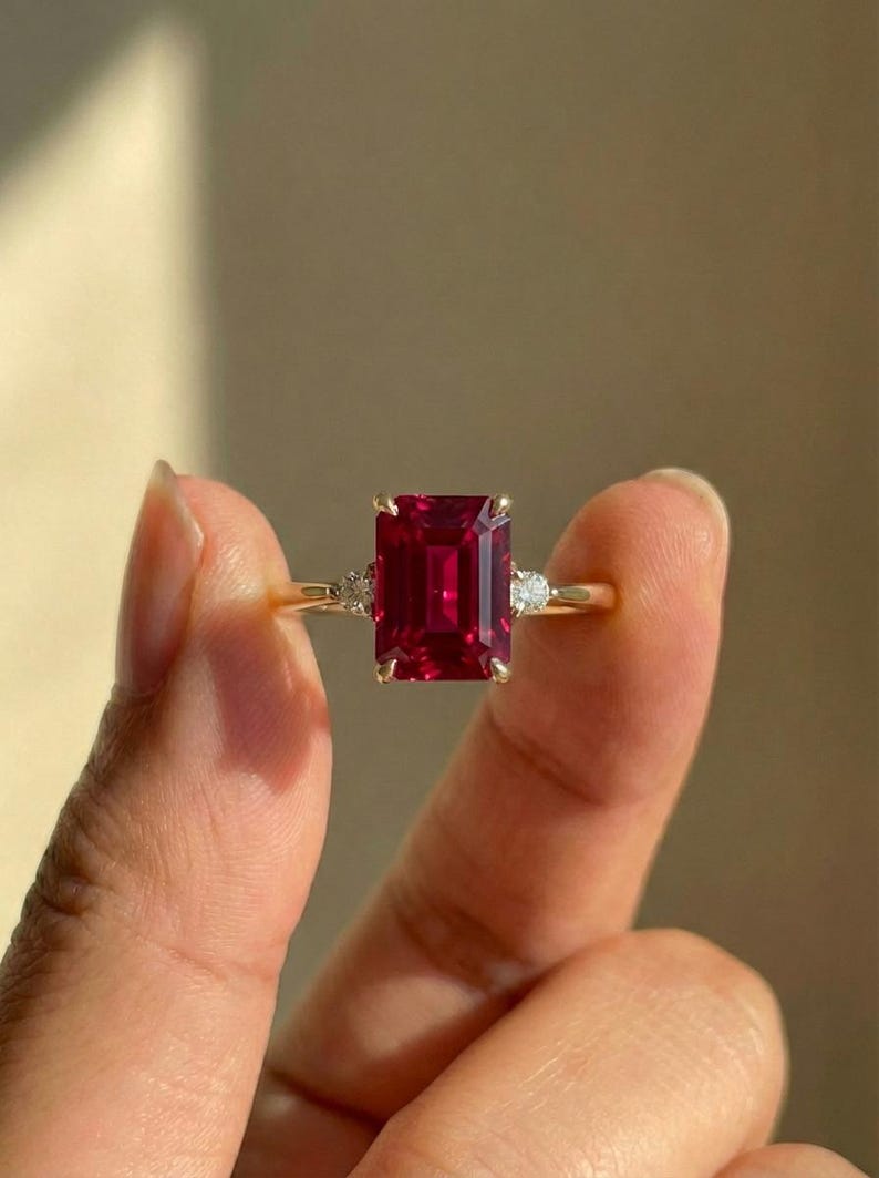 1.75ct Ruby Ring, Emerald Cut Ruby Ring, 14K Gold Statement Ring, Certified Stone Ring, July Birthstone image 10