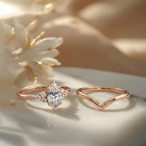 1ct Marquise Moissanite Engagement Ring Set, Marquise Diamond Wedding Ring Set, Promise Ring for Woman, 14K Solid Gold Anniversary Ring Set image 3