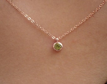 14K Rose Gold Peridot Necklace / August Birthstones Gift / Natural Gemstone 3.5mm / Bezel Set Necklace