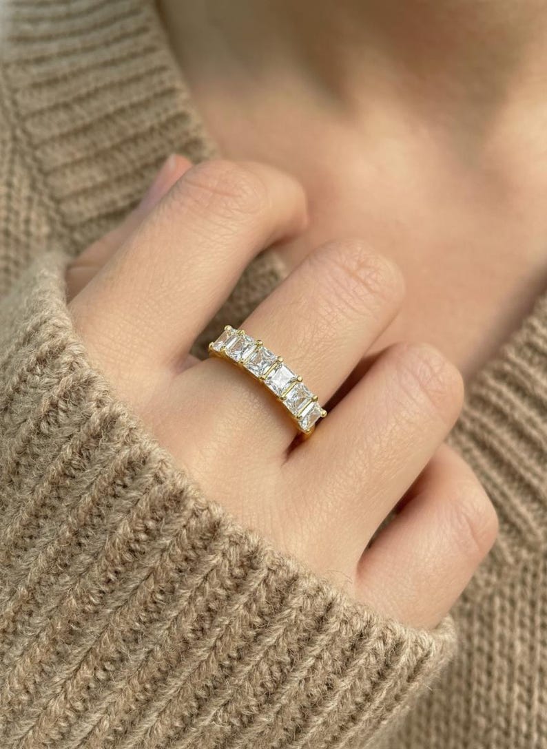 Anniversary Gift Princess Cut Moissanite Wedding Band, 1.05 CTW 7 Stone Ring, 3mm Square Stone Half Eternity Ring image 3
