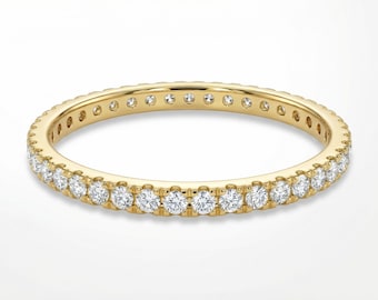 Alianza de boda con diamantes pavé de 1,8 mm, oro macizo de 14 k, fina y delicada alianza apilable con micropavé.