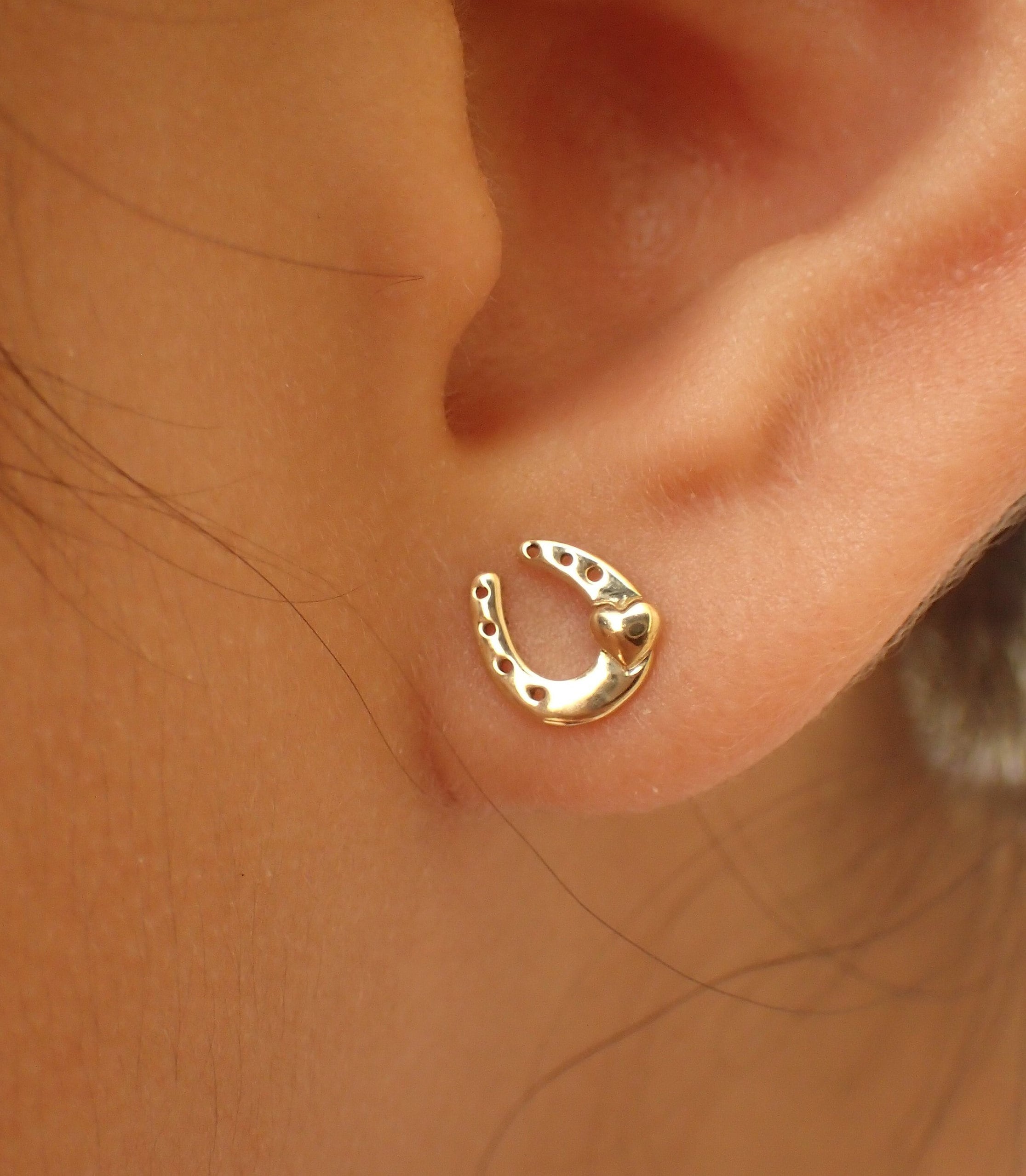 Horseshoe Stud Earrings, 14k Solid Gold Dainty Lucky Charm