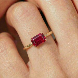 Emerald Cut Ruby Gold Ring | Minimalist Red Gemstone Dainty Stacking Ring | Promise Ring | Anniversary Gift for Her | July Birthstone