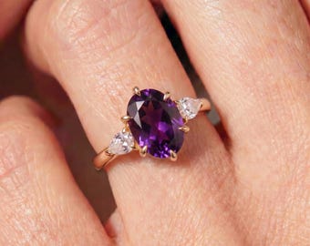 Stunning Oval Amethyst Ring | Three Stone Ring with Pear Side Stones in 14K Gold | February Birthstone Engagement Ring | Anniversary Ring