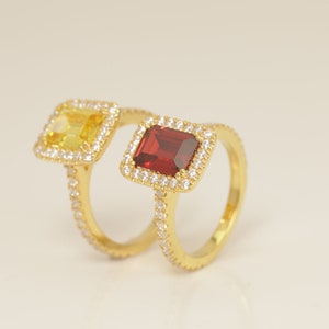 Diamond Halo Garnet Engagement Ring, Gemstone Wedding Ring, Birthstone Ring, Bridal Promise Ring, Anniversary Ring Gift for Her