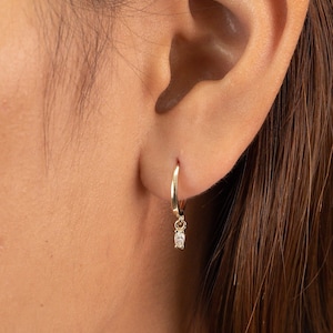 Dangle Drop Diamond Hoop Earrings, Tiny Earrings, Dainty & Minimalist Hoop Earrings, Huggie Hoop Earrings for Women