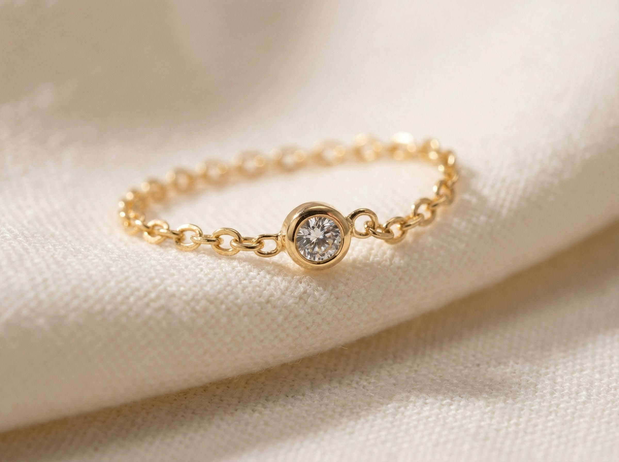 2mm Chain Ring in 14k Solid Gold, Bezel Set Diamond Chain Ring, Rope ...