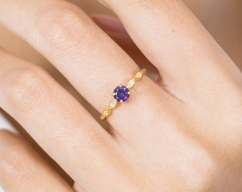 Amethyst and Diamond Engagement Ring, February Birthstone, Amethyst Ring, 18k Gold Unique Promise Ring, Marquise Ring