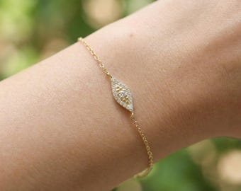 Moissanite Evil Eye Bracelet, Gold Protection Bracelet, Dainty Talisman Jewelry, Bridesmaid Gift for Her