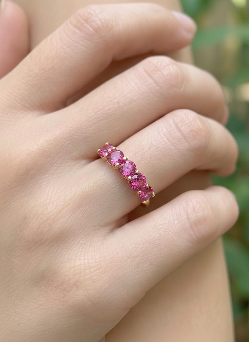 Pink Tourmaline Wedding Band 3.50ctw Round Cut 7 Stone Anniversary Ring Pink Gemstone Eternity Band October Birthstone image 13