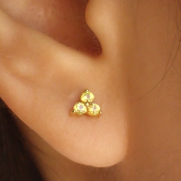 Yellow Sapphire Earrings / Trio Studs / Bridesmaid Gifts / Three Stone Earrings / Minimalist Earrings