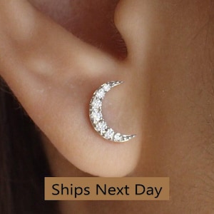Minimalist Moon Earrings / Moon Stud Earrings / Diamonds Moon Earrings Gift for Her / Diamond Earrings / In Stock