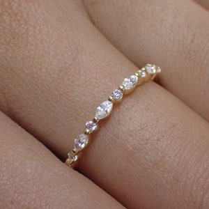 Vintage Diamond Wedding Band, Marquise Cut Half Eternity Stacking Ring, Art Deco Engagement Band, Marquise Ring, Mother's Day Gift