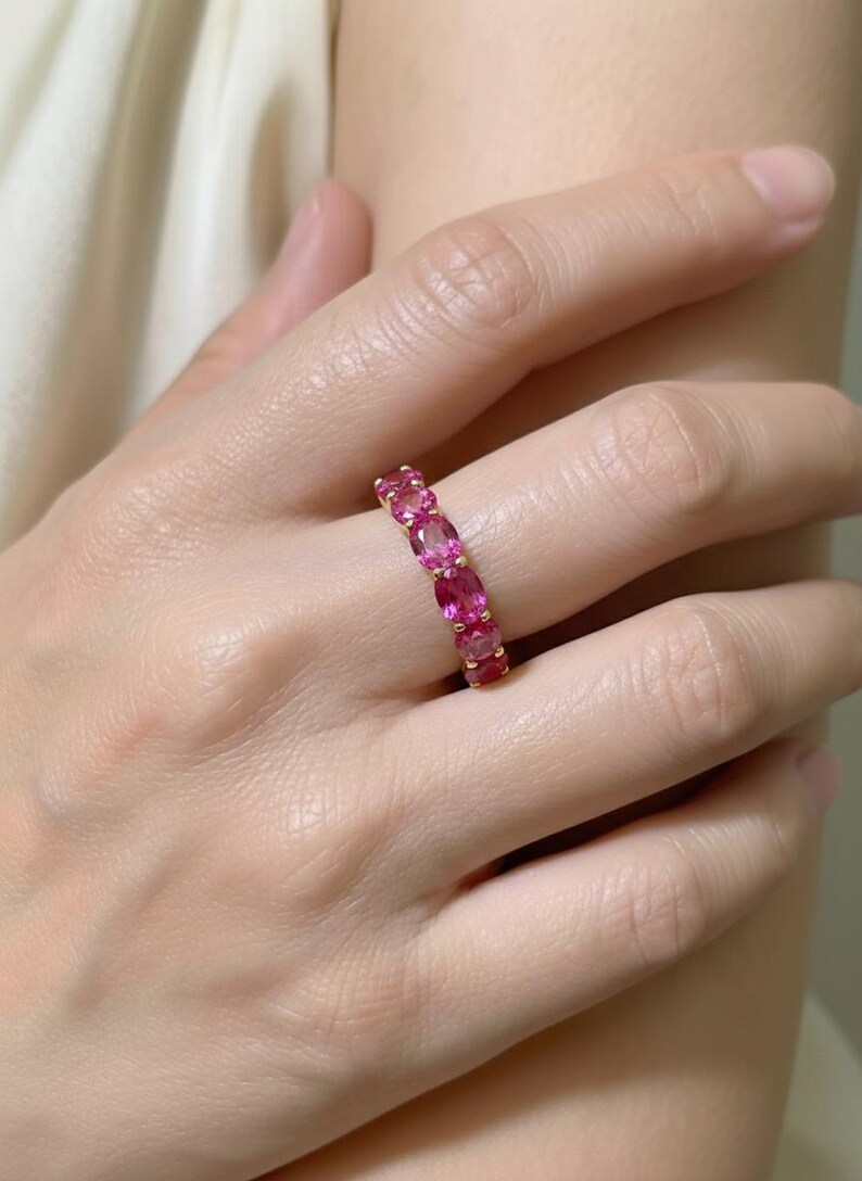 Pink Tourmaline Wedding Band 3.50ctw Round Cut 7 Stone Anniversary Ring Pink Gemstone Eternity Band October Birthstone image 18