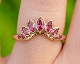 Dainty Pink Tourmaline Marquise Stacking Ring, Delicate Gold Curved Crown Band, Unique Wedding Anniversary Gift for Her, October Birthstone