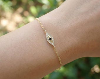 Black Diamond Evil Eye Bracelet, 14K Gold Protection Bracelet, Micro Pave Diamond Jewelry, Good Luck Gift for Her