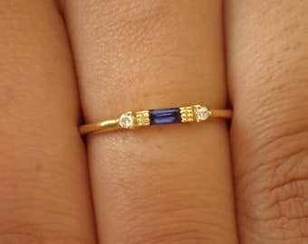 Sapphire Ring / Baguette Sapphire Ring / September Birthstone / Stacking Sapphire and Diamond Ring /14K Solid Gold Minimalist Ring