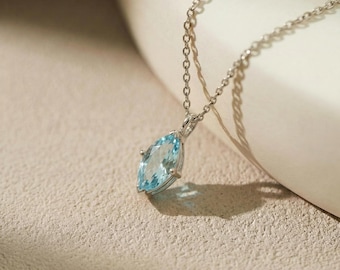 Dainty Marquise Aquamarine Necklace Gold, Minimalist Solitaire Blue Gemstone Pendant, Delicate 14K Gold Chain, March Birthstone Gift for Her