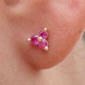 2mm Trinity Pink Sapphire Earring / 14k Gold Earring / Stud Earring / Cluster Earring / September Birthstone Earring / Prong Setting Earring