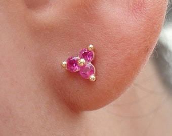 2mm Trinity Pink Sapphire Earring / 14k Gold Earring / Stud Earring / Cluster Earring / September Birthstone Earring / Prong Setting Earring