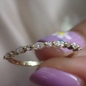 Vintage Diamond Wedding Band, Marquise Cut Natural Diamond Moissanite Band, Art Deco Matching Stacking Band