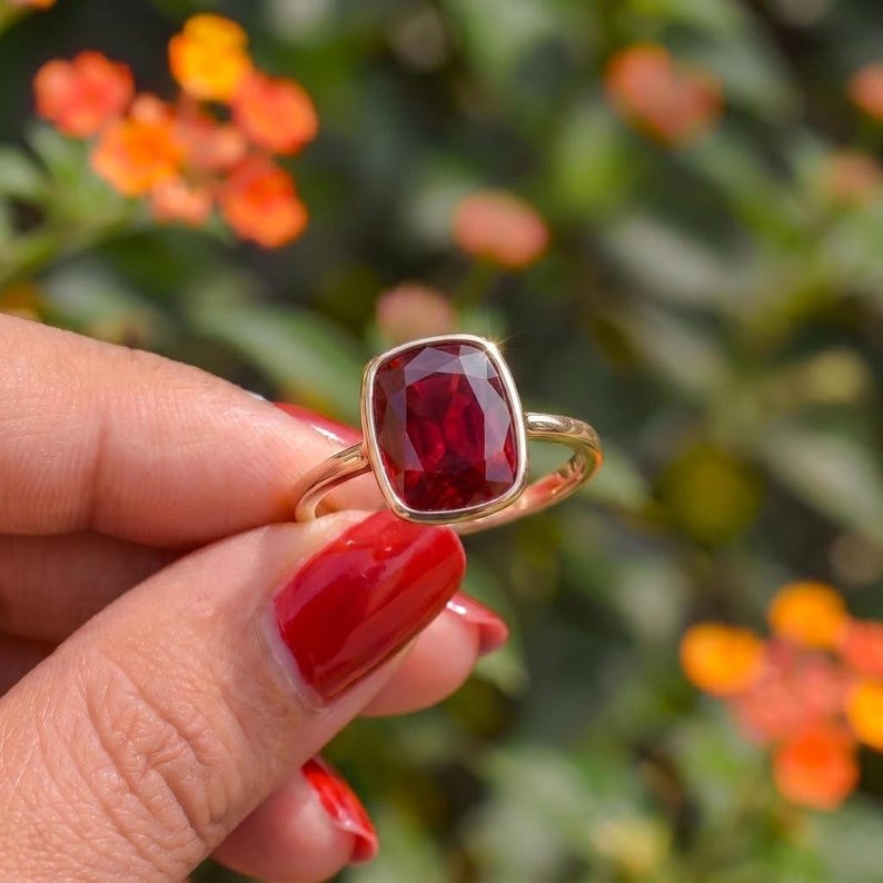 Bezel Set Ruby Ring, Cushion Cut Ruby Statement Ring, July Birthstone Ring, Birthday Gift for Her, Dainty Red Gemstone Ring image 8