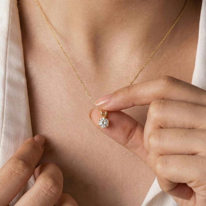 Dainty Gold Moissanite Solitaire Necklace | Brilliant Round Moissanite Pendant | Elegant Everyday Jewelry | Anniversary Gift for Her image 12